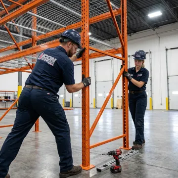 Warehouse rack repair team working on pallet racking