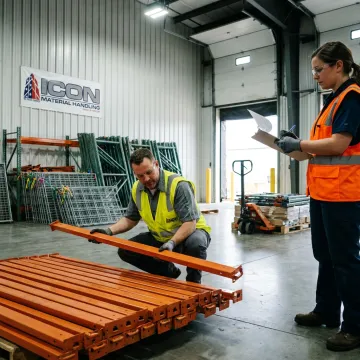 Technicians organizing removed warehouse rack components