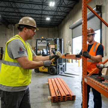 Warehouse rack decommissioning crew removing pallet racking