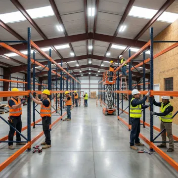 Professional shelving installation team setting up industrial racking systems in a warehouse facility.