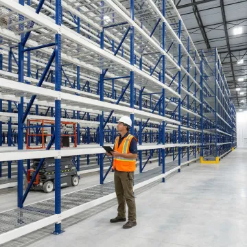 Technician performing a final quality inspection on newly installed warehouse shelving racks.