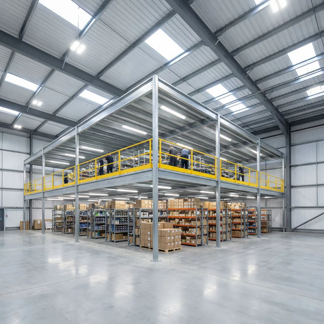 Professional industrial mezzanine structure installed inside a large warehouse facility