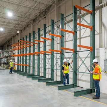 Warehouse team inspecting newly installed cantilever racking system