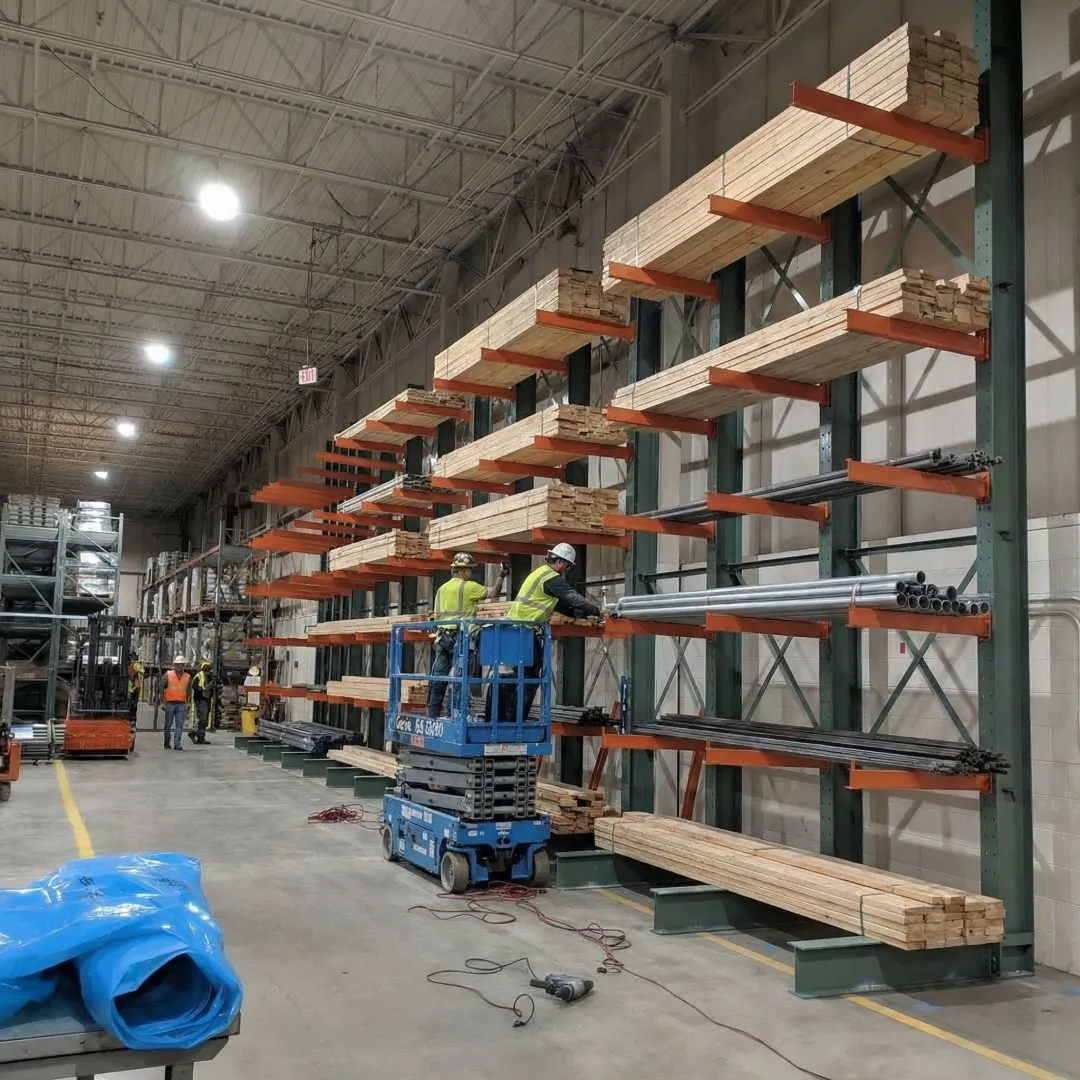 Professional cantilever racking installation in a large warehouse facility