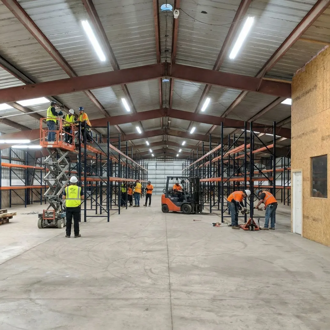 Professional pallet racking installation in a large warehouse facility