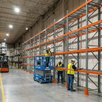 Professional warehouse rack installation team assembling large pallet racking systems in an industrial facility
