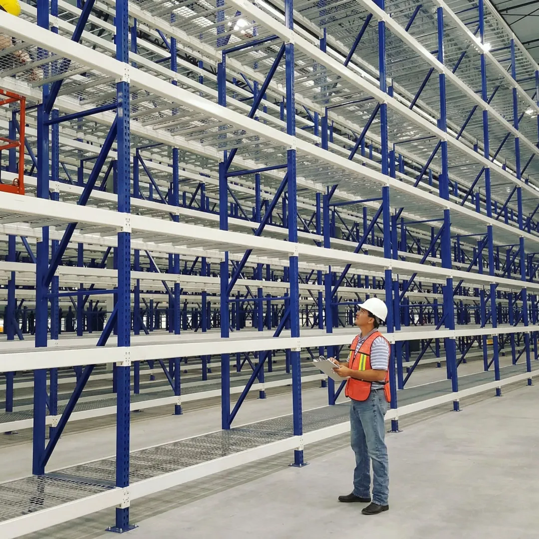 Warehouse rack installation team performing a final inspection of newly installed pallet racking systems