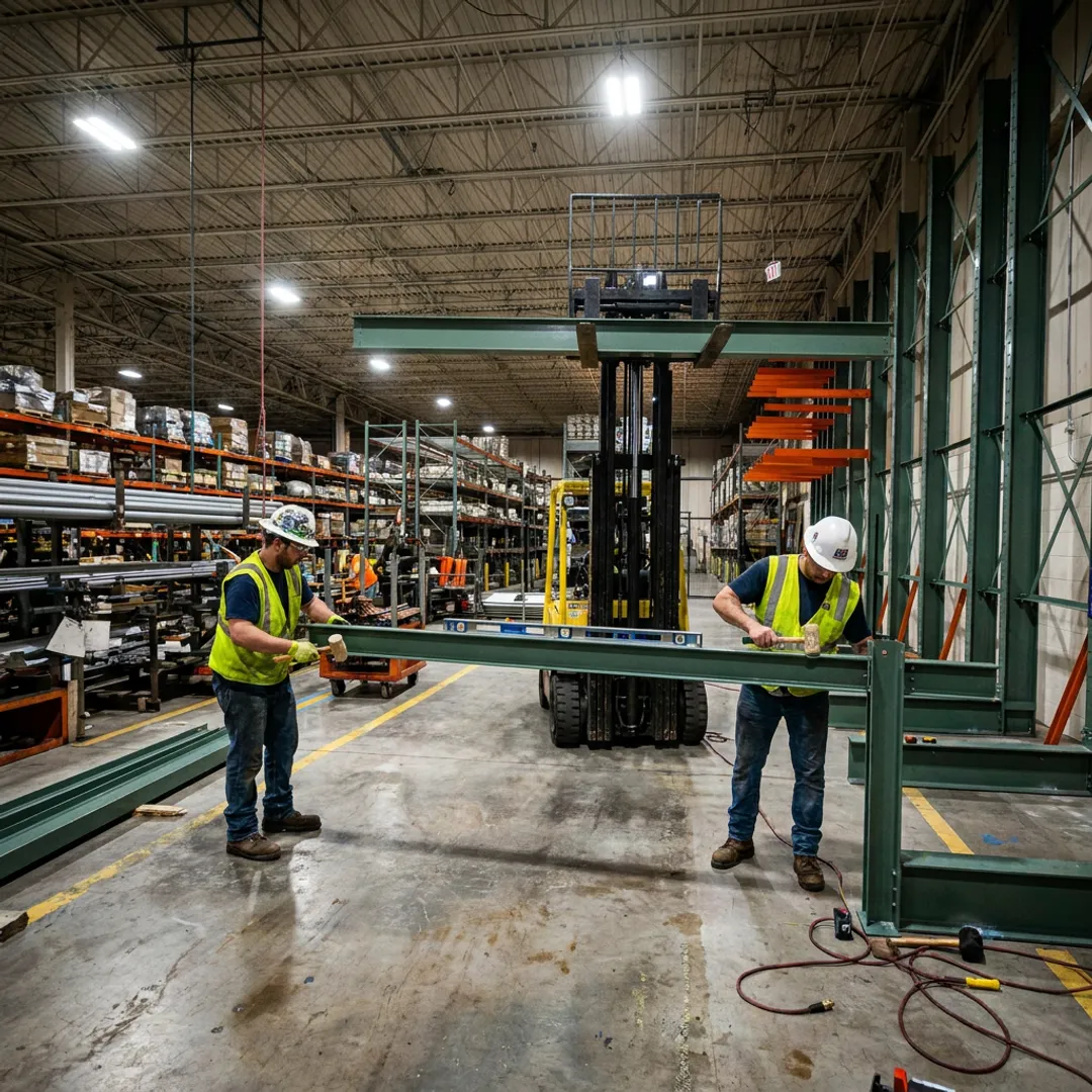 Warehouse crew assembling pallet rack beams