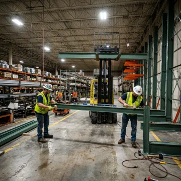 Warehouse crew assembling pallet rack beams