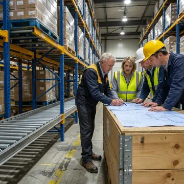 Technicians planning warehouse equipment layout