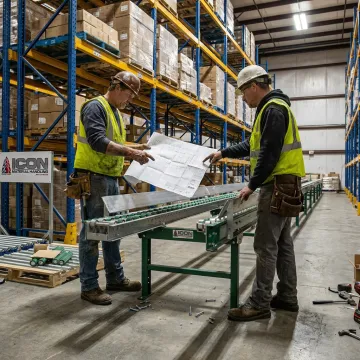 Technicians planning warehouse equipment installation