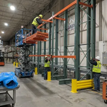 Technicians installing warehouse racking