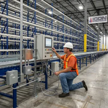 Technician reviewing warehouse automation equipment
