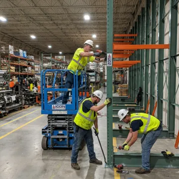 Technicians installing warehouse pallet racking