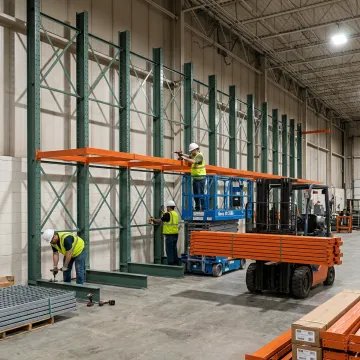Warehouse crew installing pallet racking