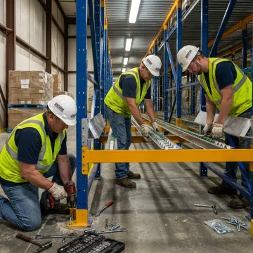 Technicians installing warehouse conveyor system
