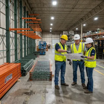 Warehouse racking team planning an installation