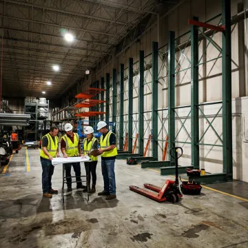 Fabrication team planning a warehouse build