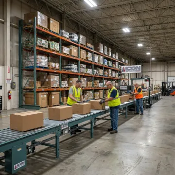 Warehouse conveyor system moving cartons