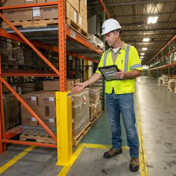 Technician assessing rack protection in warehouse