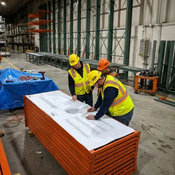 Warehouse team planning material handling equipment layout