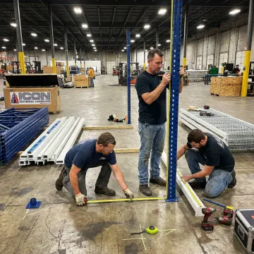 Warehouse team measuring rack beams before installation