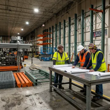 Fabrication team reviewing warehouse plans