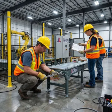 Technicians installing conveyor automation equipment