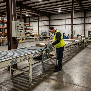 Technician inspecting conveyor belt monitoring system
