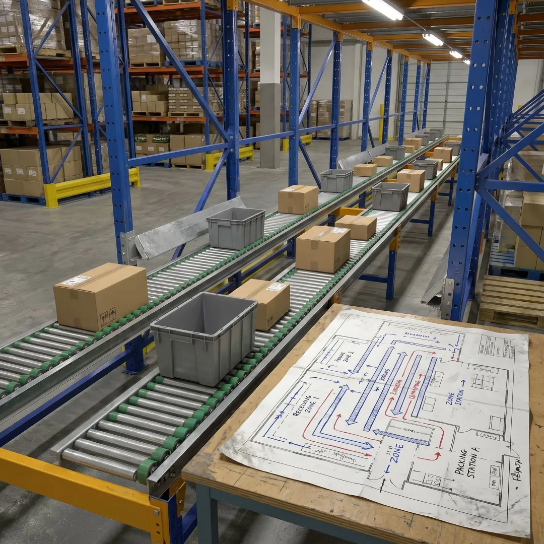 Warehouse conveyor planning and material flow layout