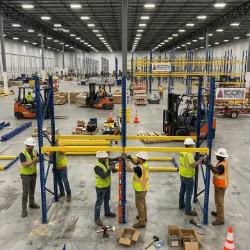 Warehouse crew installing pallet rack beams