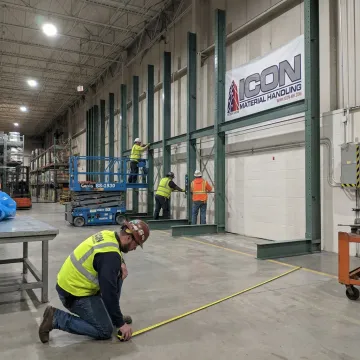 Crew installing steel pallet racking
