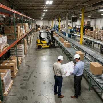 Modern distribution center with conveyors and storage racking