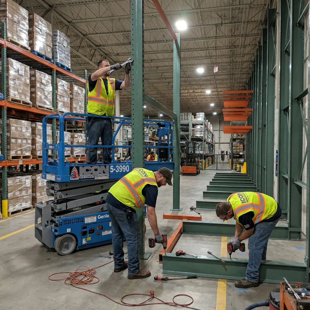 Warehouse crew repairing pallet racking