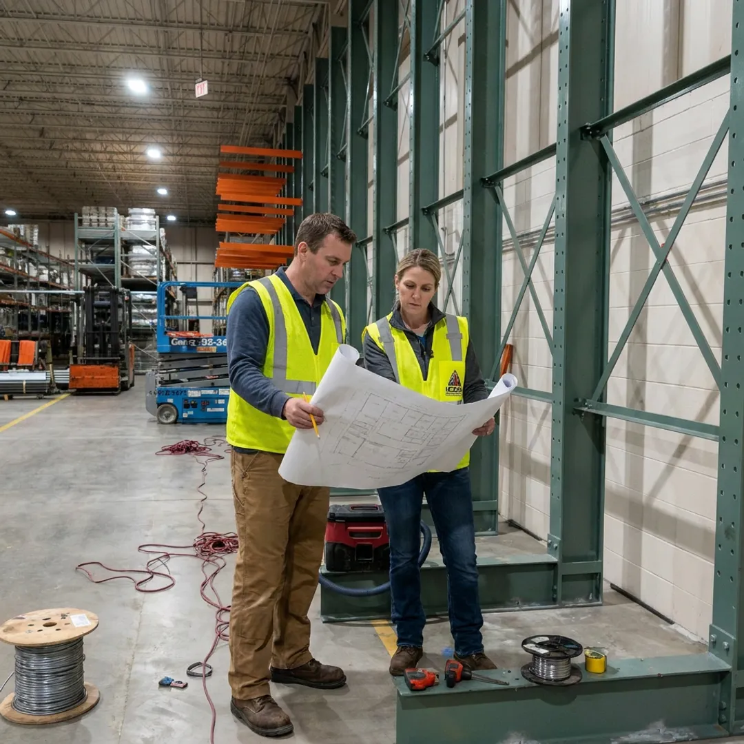 Warehouse team planning racking installation