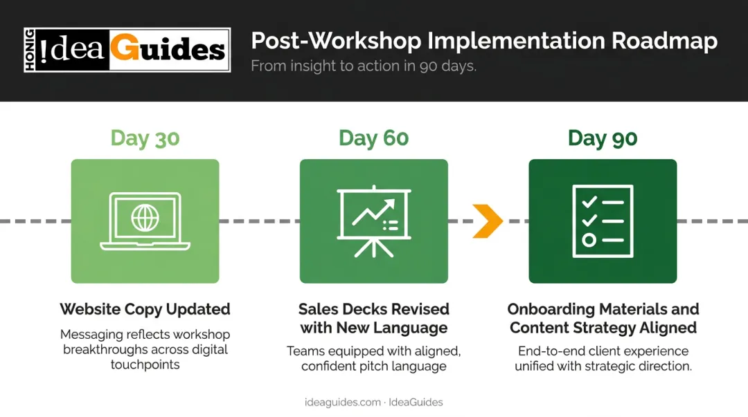 30-60-90 day messaging workshop follow-through implementation timeline infographic