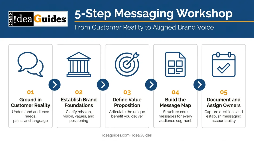 5-step messaging workshop process flow from customer reality to next steps