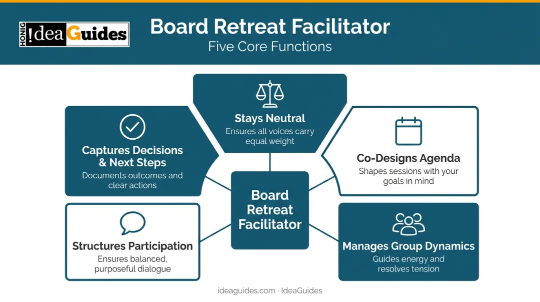Five core roles of a board retreat facilitator process diagram