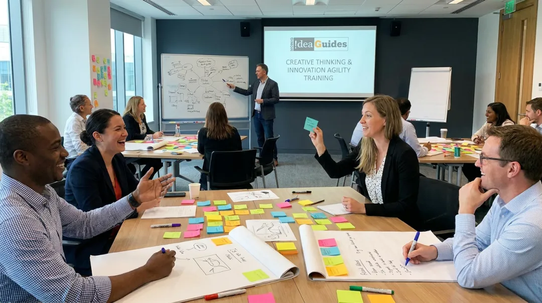 IdeaGuides creative thinking innovation workshop session with active team participants brainstorming