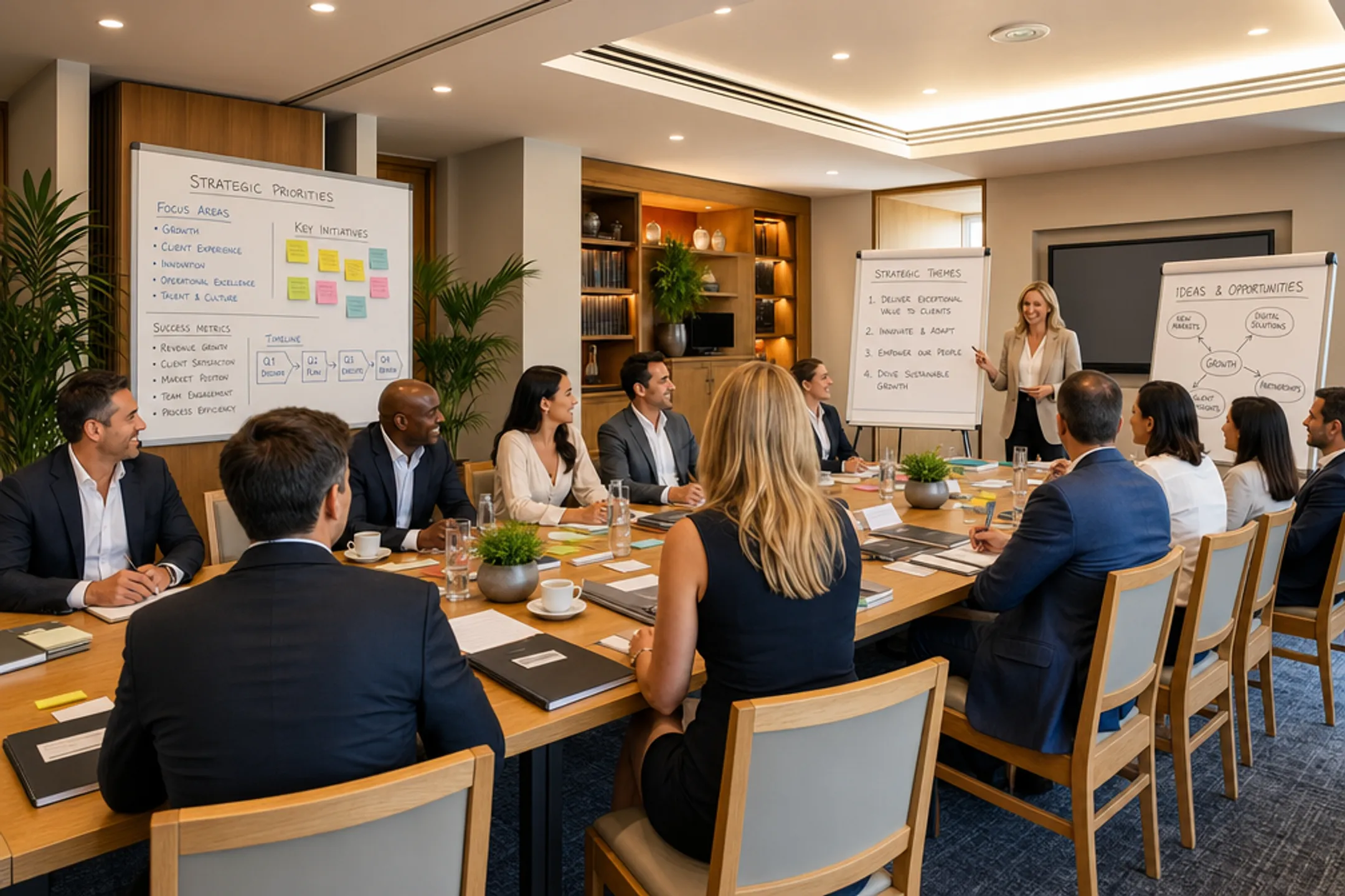 Facilitator leading executive team strategic planning workshop session