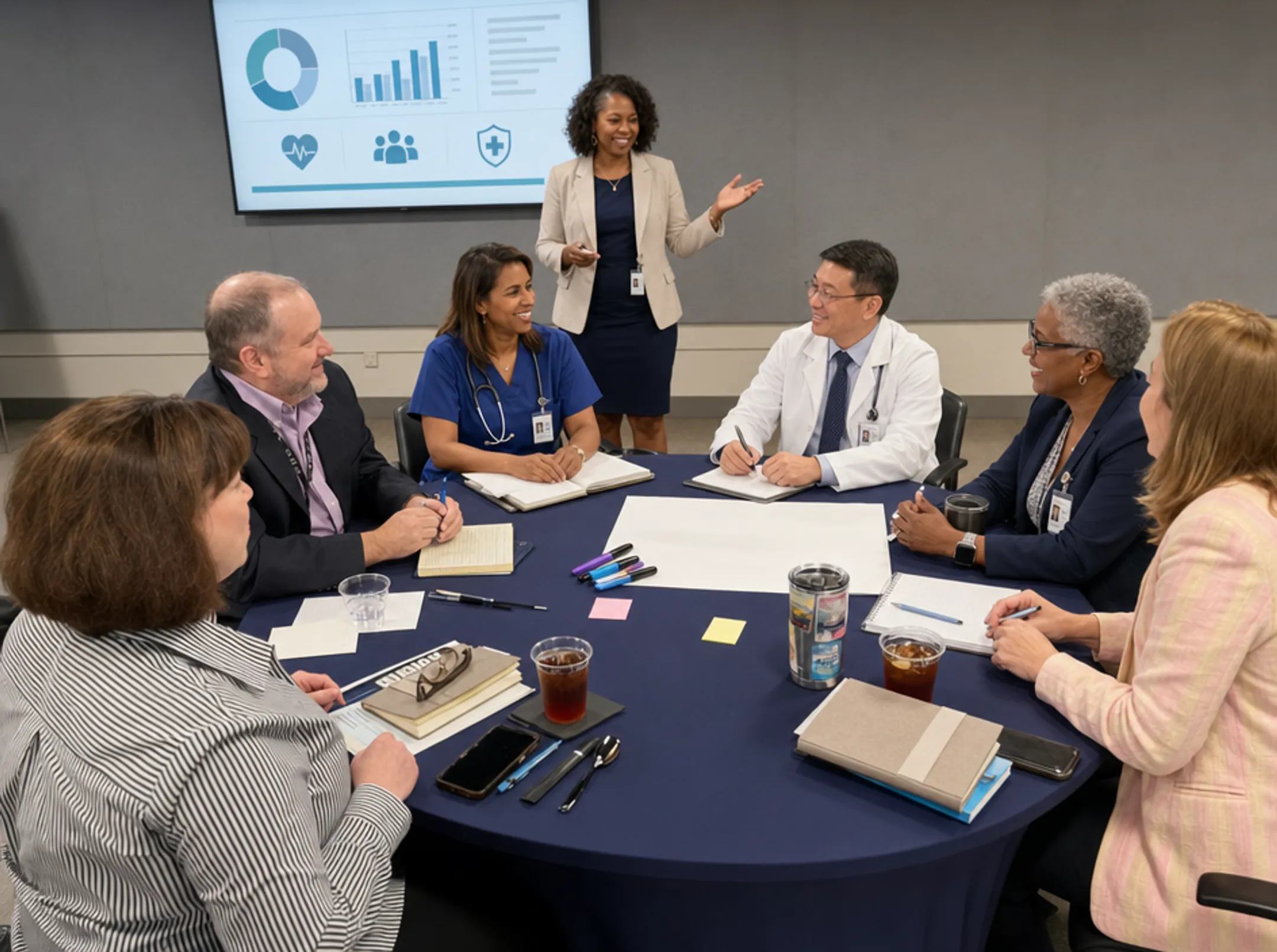 Diverse healthcare leadership team in facilitated strategic planning session