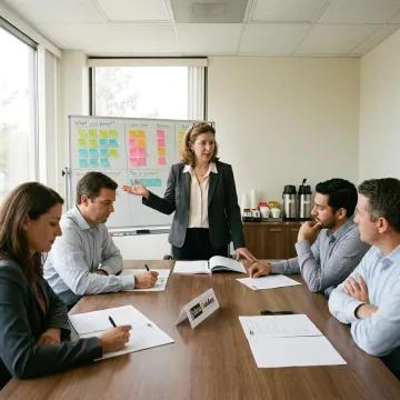 Facilitator leading management training session