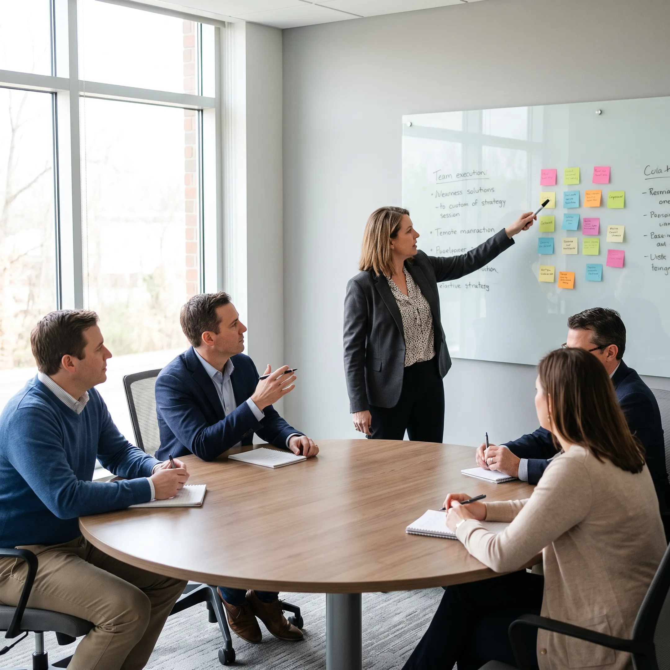 Facilitator guiding executives through a strategic planning session