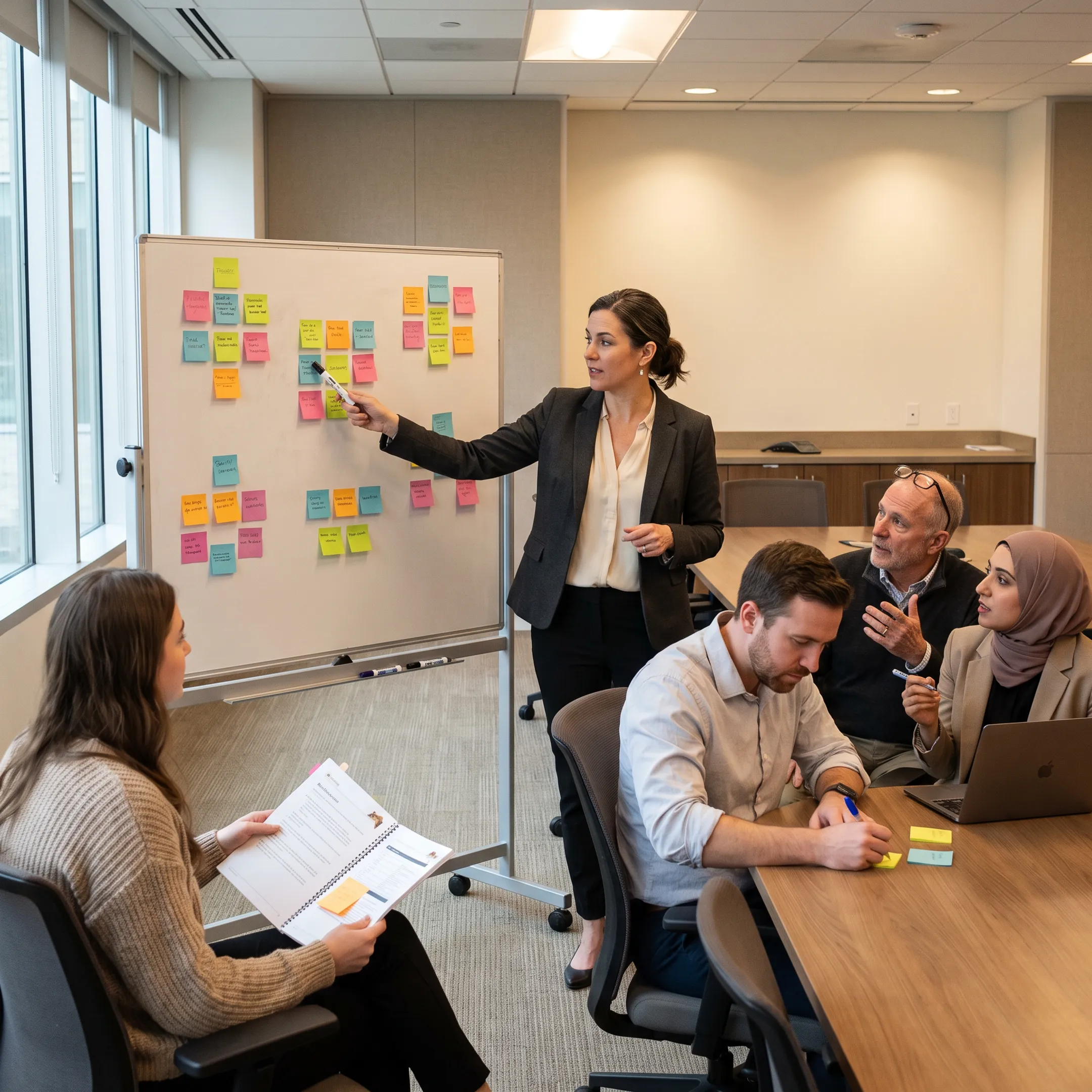 Professional facilitator guiding an engaged team discussion around a meeting table