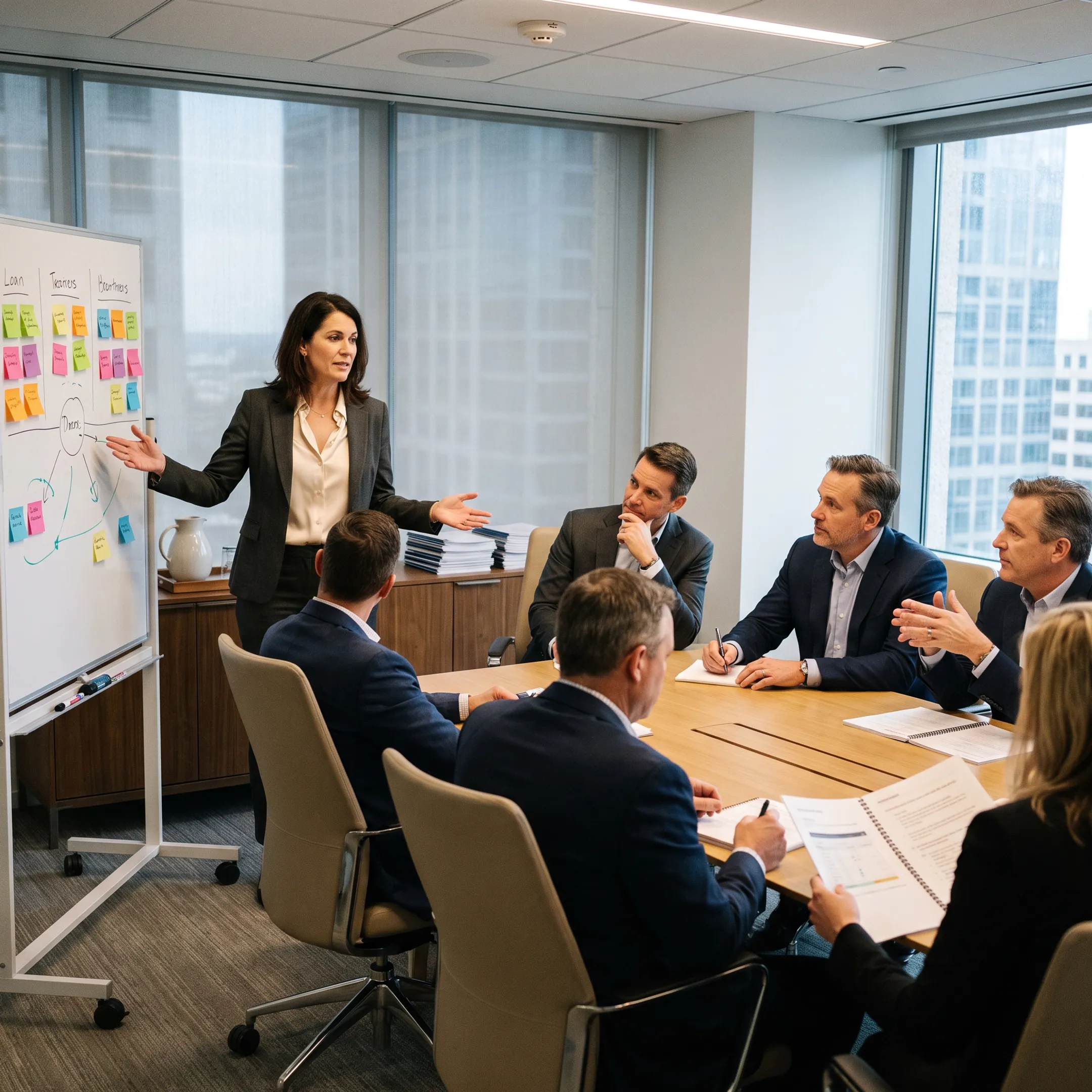 Facilitator guiding an executive team through a collaborative leadership alignment workshop