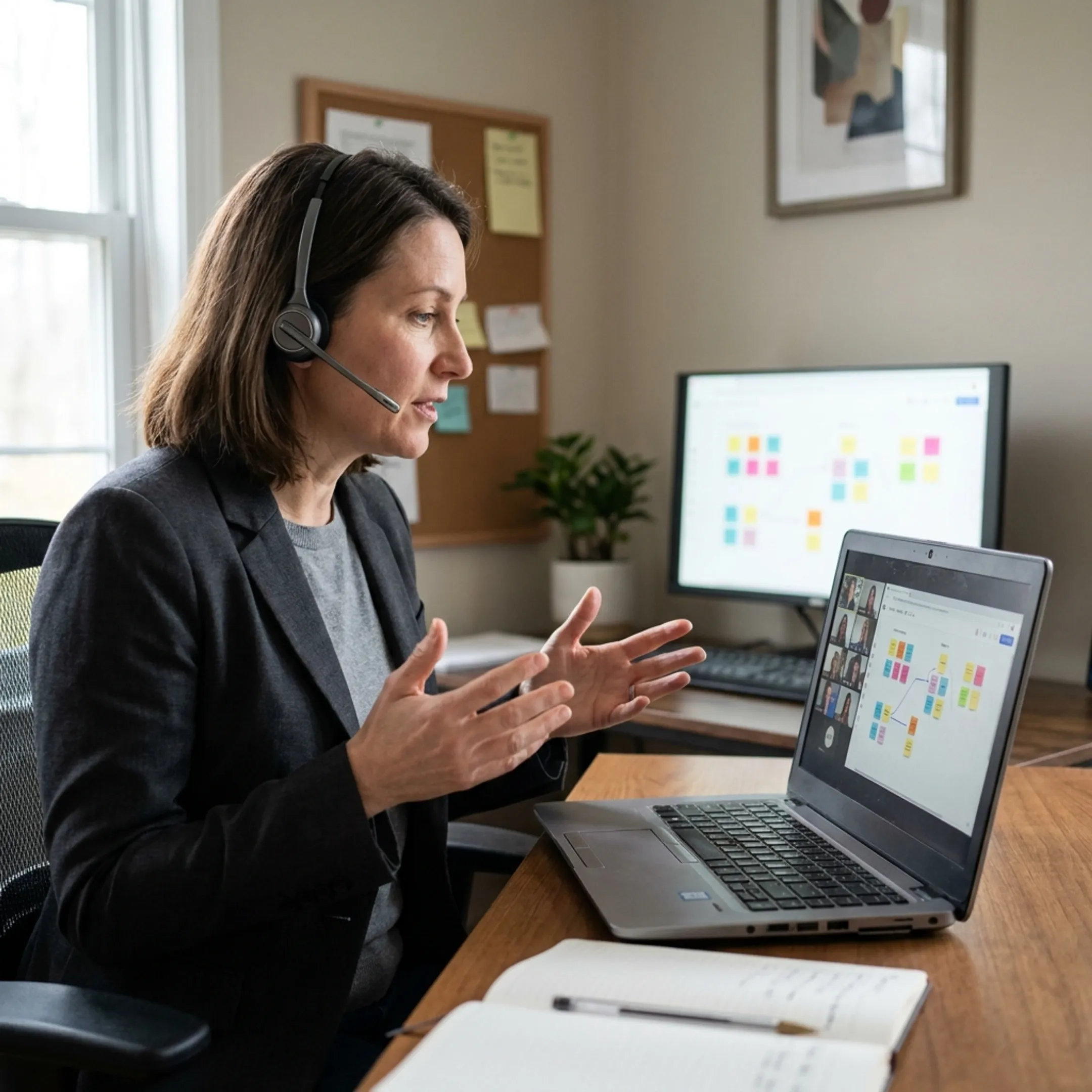 Virtual facilitator guiding participants through an online collaboration session