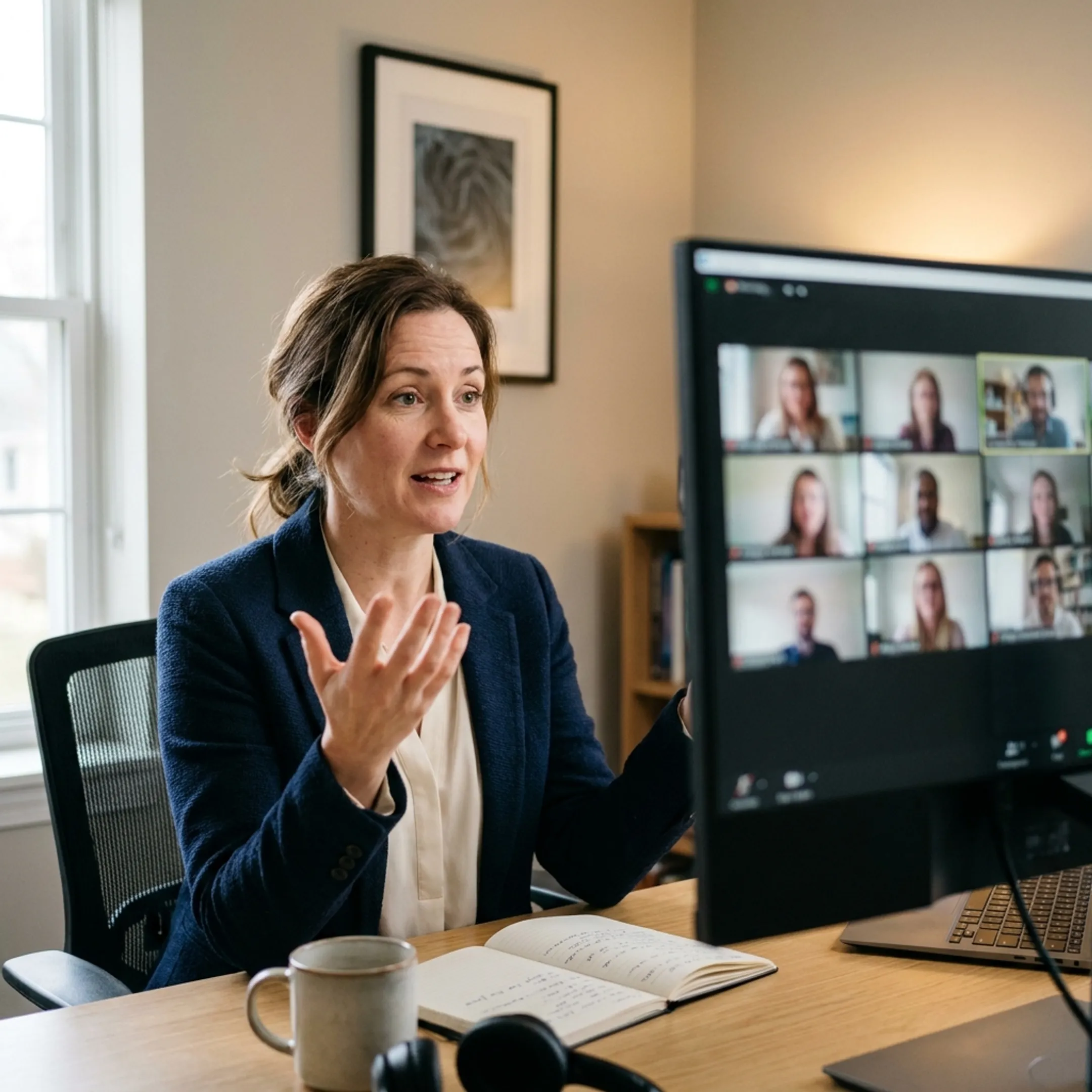 Facilitator leading an engaging online meeting with participants on a video call