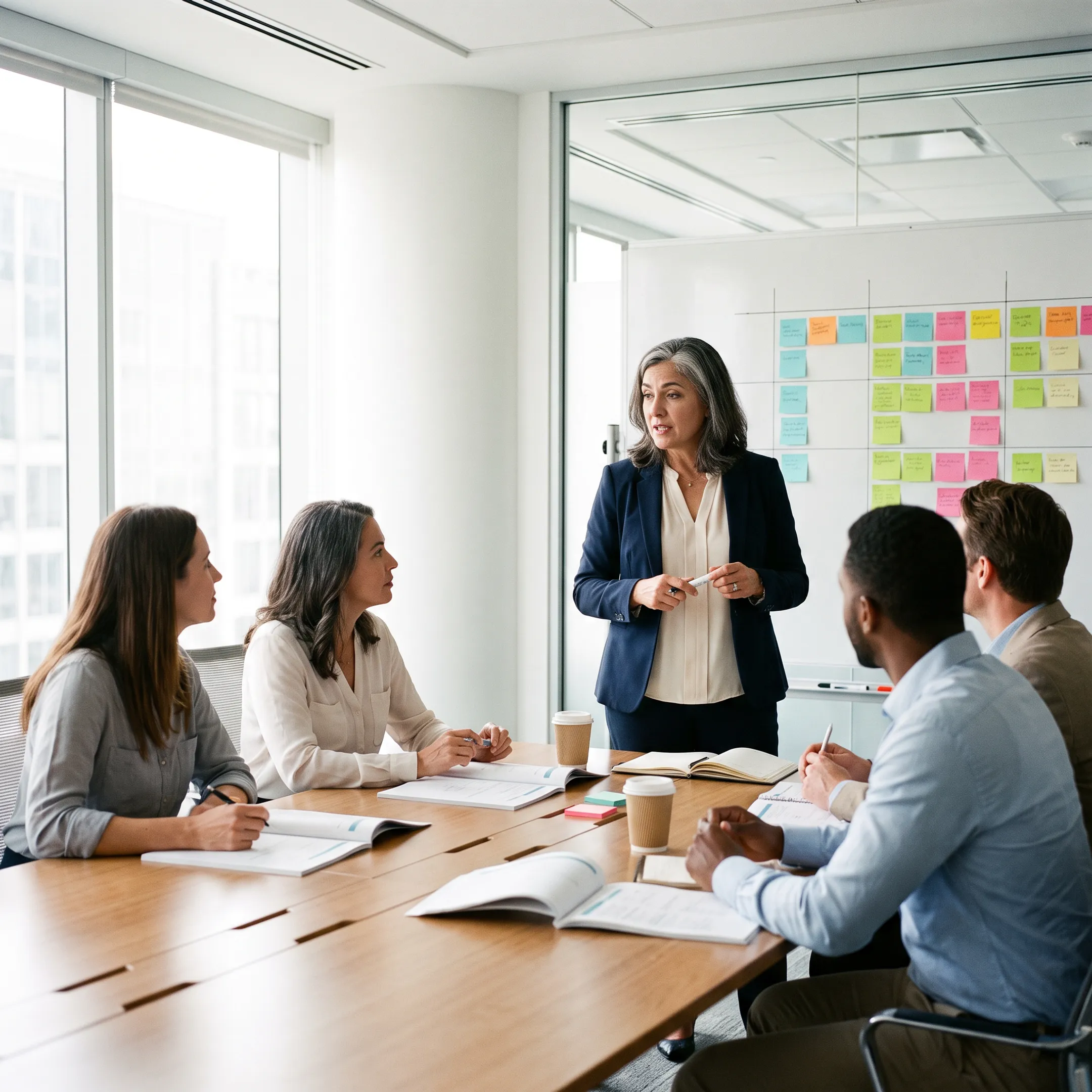 Facilitator guiding executives through a strategic planning session