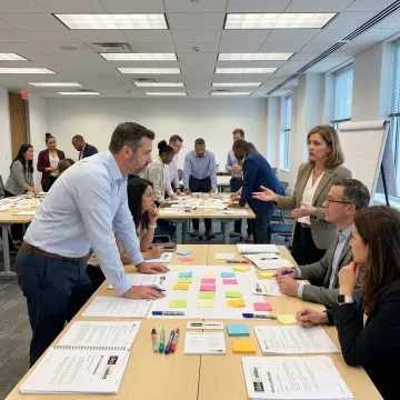 Leadership training workshop with managers collaborating