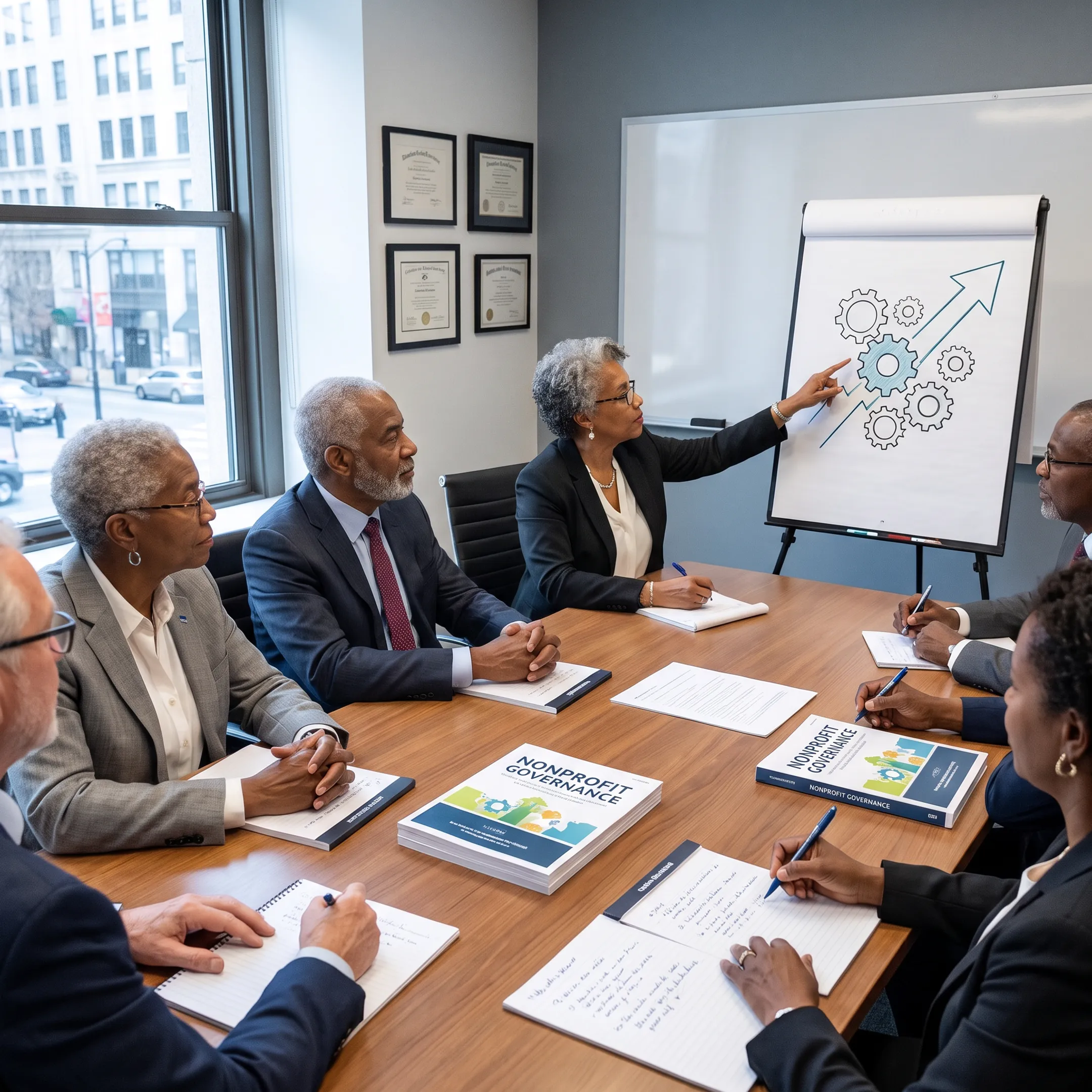 Nonprofit board members collaborating during a facilitated workshop